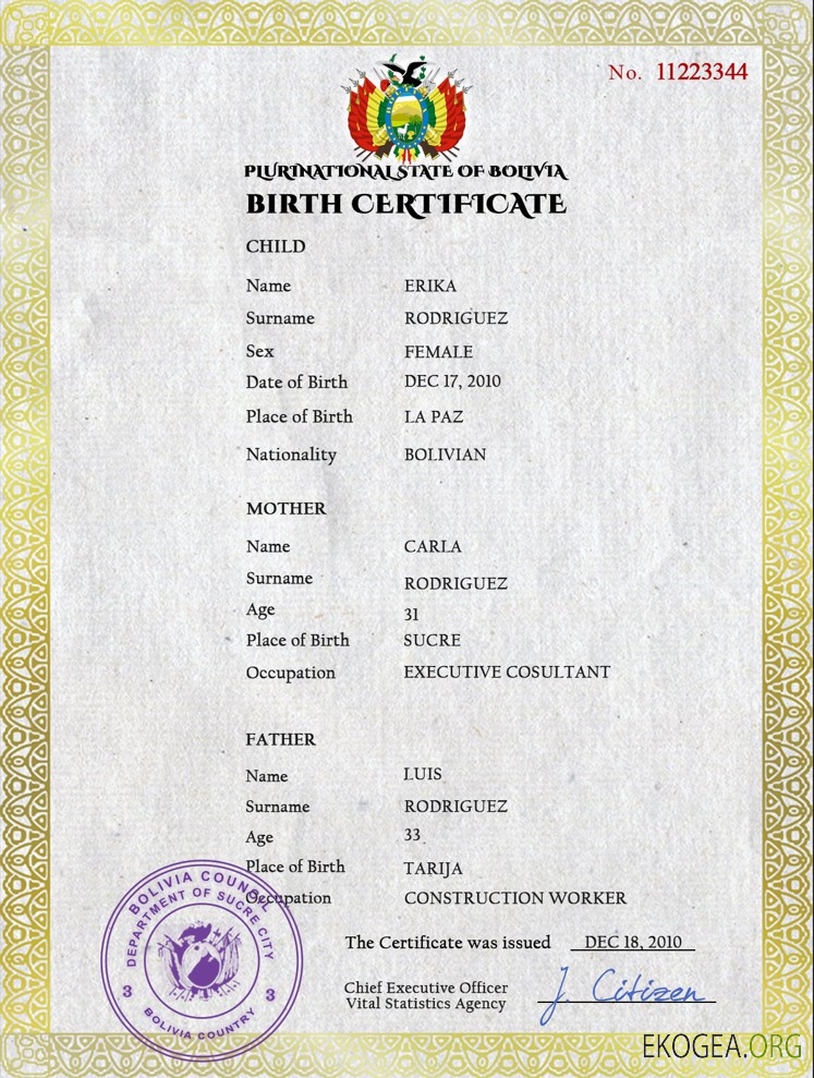 Modèle PSD de certificat de naissance de l'état civil de la Bolivie